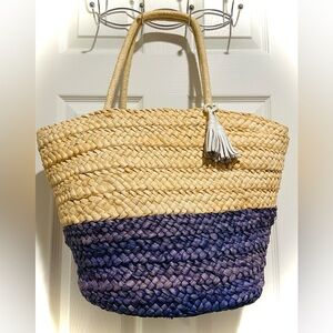 Vineyard Vines Natural and Navy Braided Straw Tote with Tassel